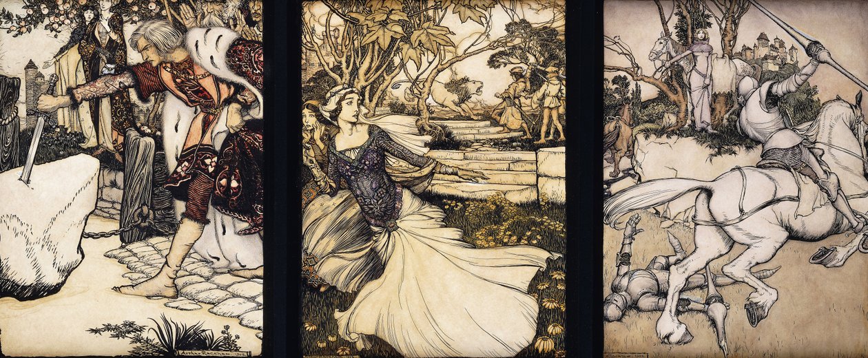 Ilustrace k filmu Morte d"Arthur: Sir Galahad kreslí Balinův meč z plovoucího kamene; La Cole Same Taile zabíjí lva, který ohrozil královnu Gueneveru; a Beaumains poráží zeleného rytíře, 1902 od Arthur Rackham
