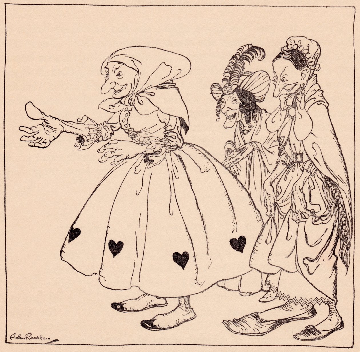 Vstoupily tři ženy oblečené tím nejúžasnějším způsobem. Ilustrace Arthura Rackhama z Grimm