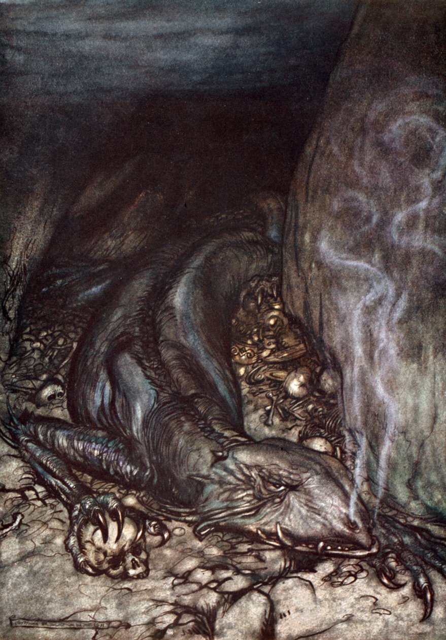 „V dračí podobě Fafner nyní sleduje poklad“, 1924. od Arthur Rackham