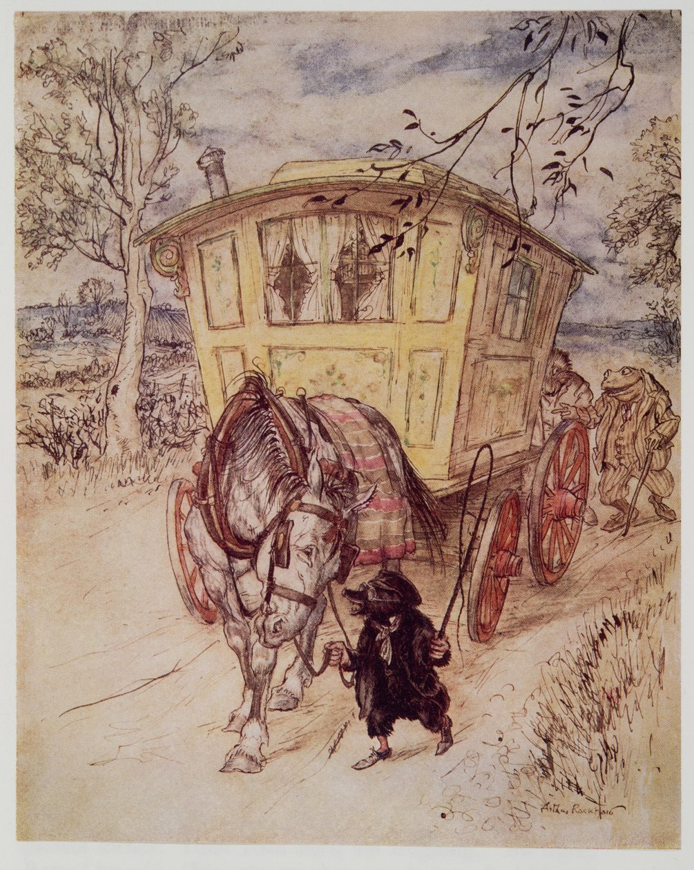 Bylo zlaté odpoledne: vůně prachu, který nakopali, byla bohatá a uspokojující, z hospody Wind in the Willows od Kennetha Grahama (1859 - 1932). 1940 od Arthur Rackham