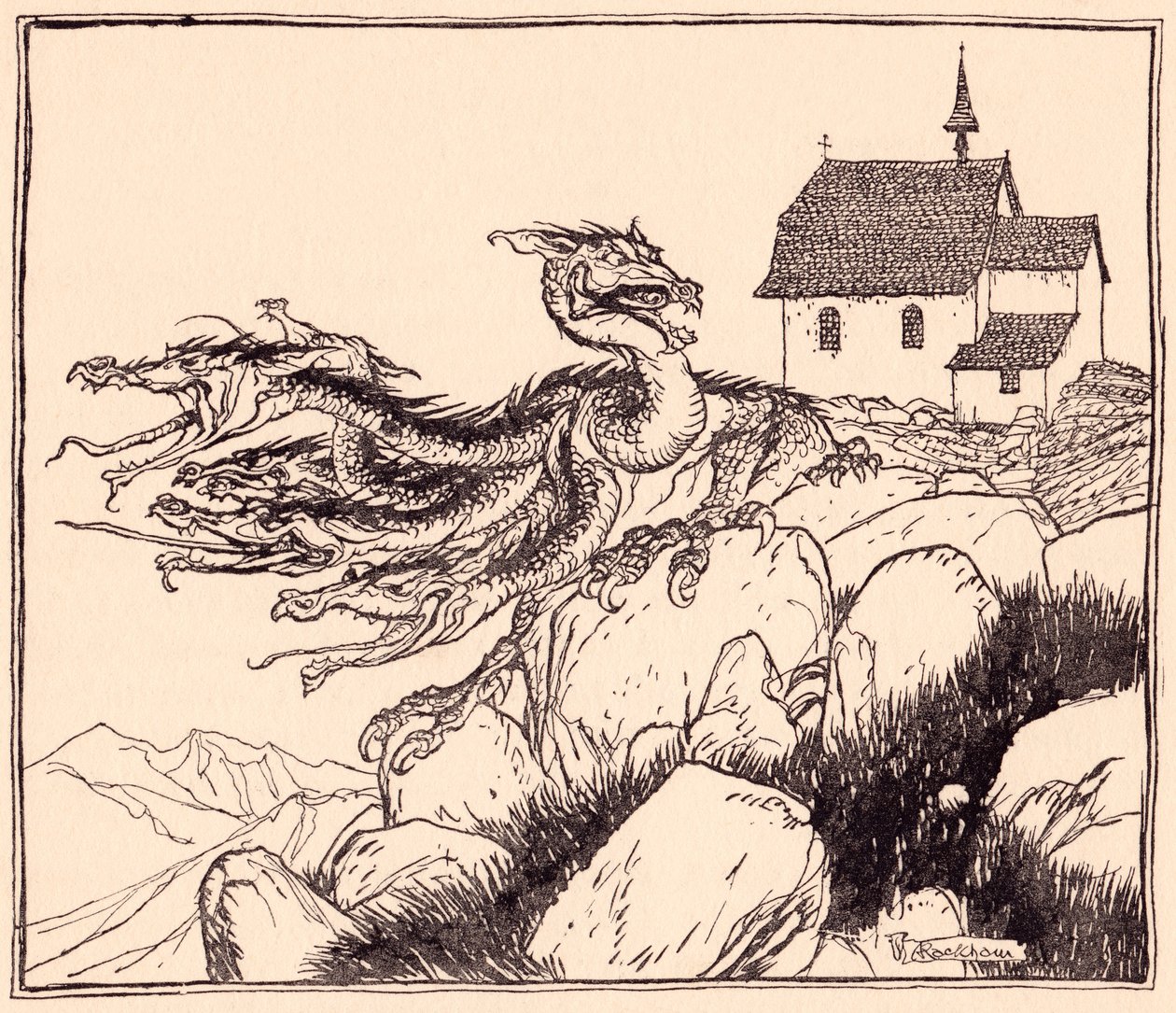Netrvalo dlouho a sedmihlavý drak přišel a hlasitě řval. Ilustrace Arthur Rackham z Grimmovy pohádky Dva bratři. od Arthur Rackham