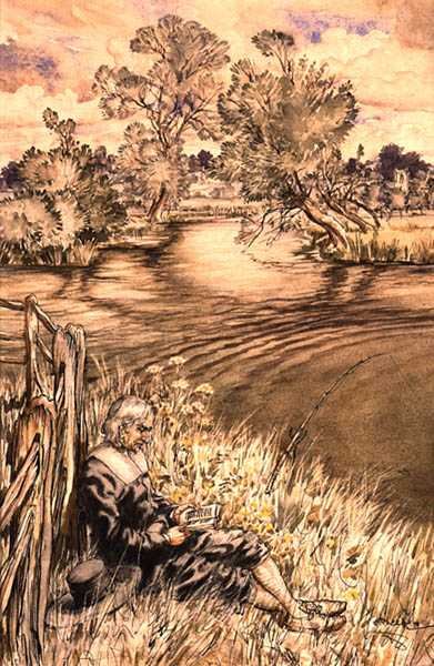 Izaak Walton ležící proti plotu, jedna ze série ilustrací od Izaaka Waltona, „The Complete Angler“ (pero, inkoust a akvarel na papíře) od Arthur Rackham