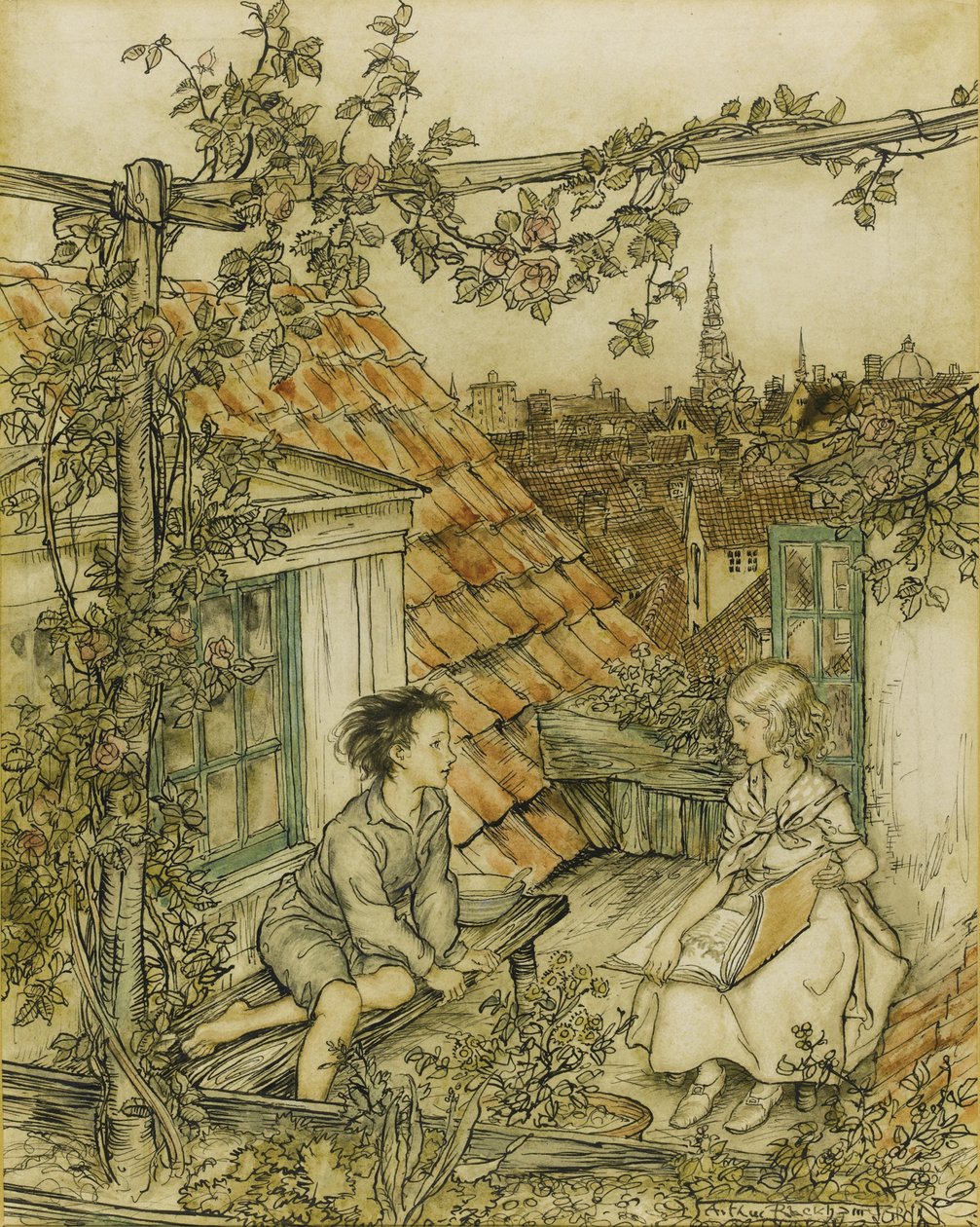 Kay a Gerda ve své zahradě vysoko na střeše. Ilustrace k pohádce Sněhová královna, 18 od Arthur Rackham
