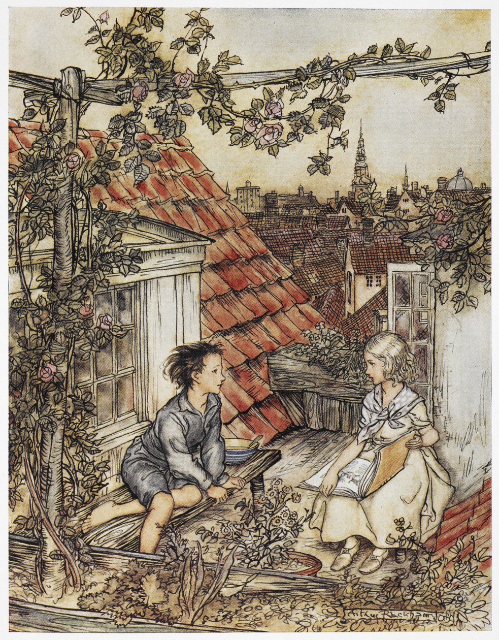 "Kay a Gerda na jejich zahradě vysoko na střeše". Dvě děti sedící na střeše domu. Ilustrace pro "malou holčičku a chlapečka". od Arthur Rackham