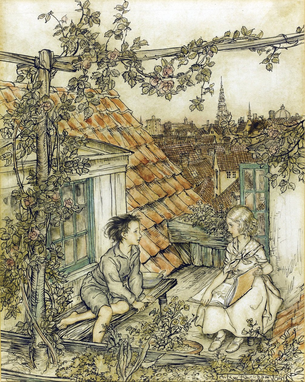 La Reine des neiges - Kay a Gerda ve své zahradě vysoko na střeše. Ilustrace k příběhu Sněhová královna par Rackham, Arthur (1867-1939) od Arthur Rackham