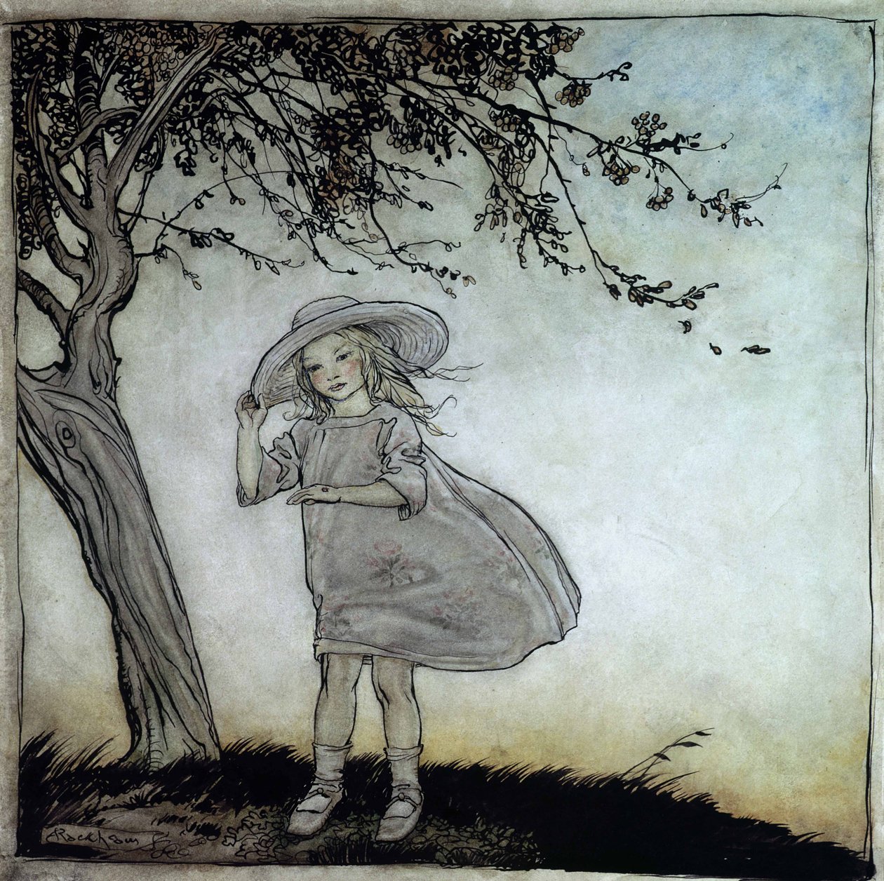 Ladybird, Ladybird Fly Away Home, ilustrace od Matky Husy, The Old Nursery Rhymes, vydané v roce 1913 (pero a inkoust & wc na papíře) od Arthur Rackham