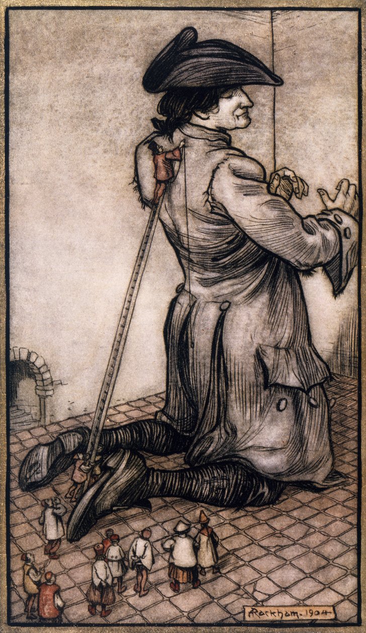 Liliputští krejčí měří Gullivera, aby mu vyrobili nový oblek, ilustrace Arthur Rackham (1867-1939) z Gulliver