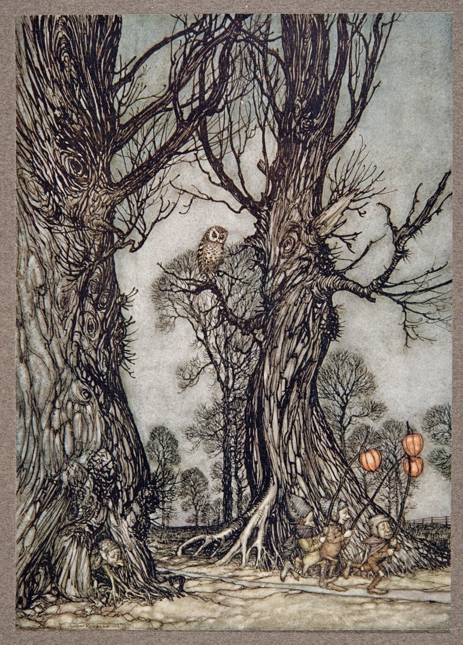 Linkmeni běžící vpředu a nesoucí zimní třešně, z knihy Peter Pan in Kensington Gardens od J. M. Barrieho (1860-1937), pub. 1906 od Arthur Rackham