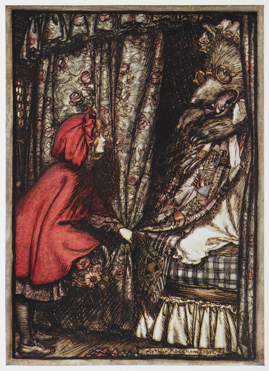 Červená na koni a vlk oblečený jako její babička. od Arthur Rackham