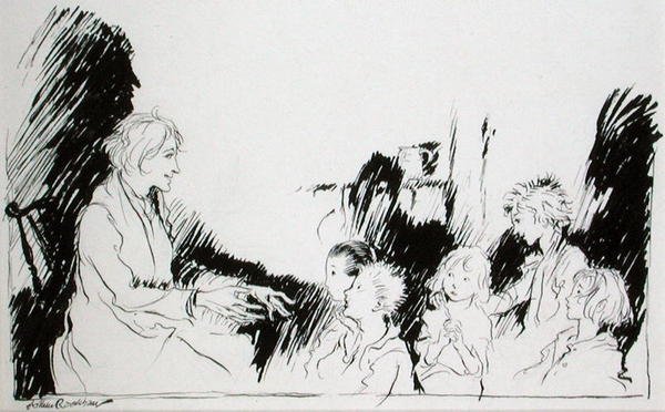 Dlouhé příběhy duchů, čarodějnic a indiánů, ilustrace z „Rip van Winkle“ od Washingtona Irvinga (1783-1859), vydání z roku 1916 (pero a inkoust na papíře) od Arthur Rackham