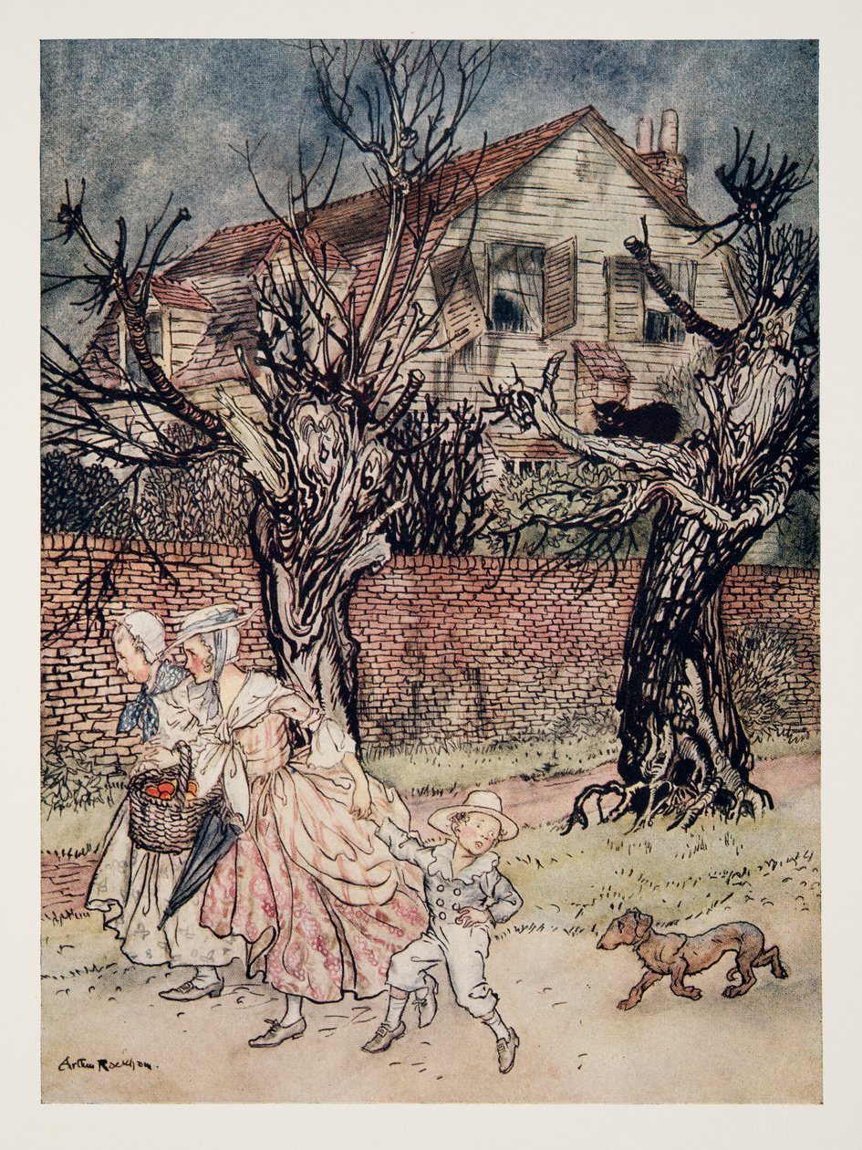 Úžasné příběhy o Strašidelných polích, Strašidelných potocích a Strašidelných domech, z The Legend of Sleepy Hollow od Washingtona Irvinga (1783 - 1859), hospoda. 1928 od Arthur Rackham