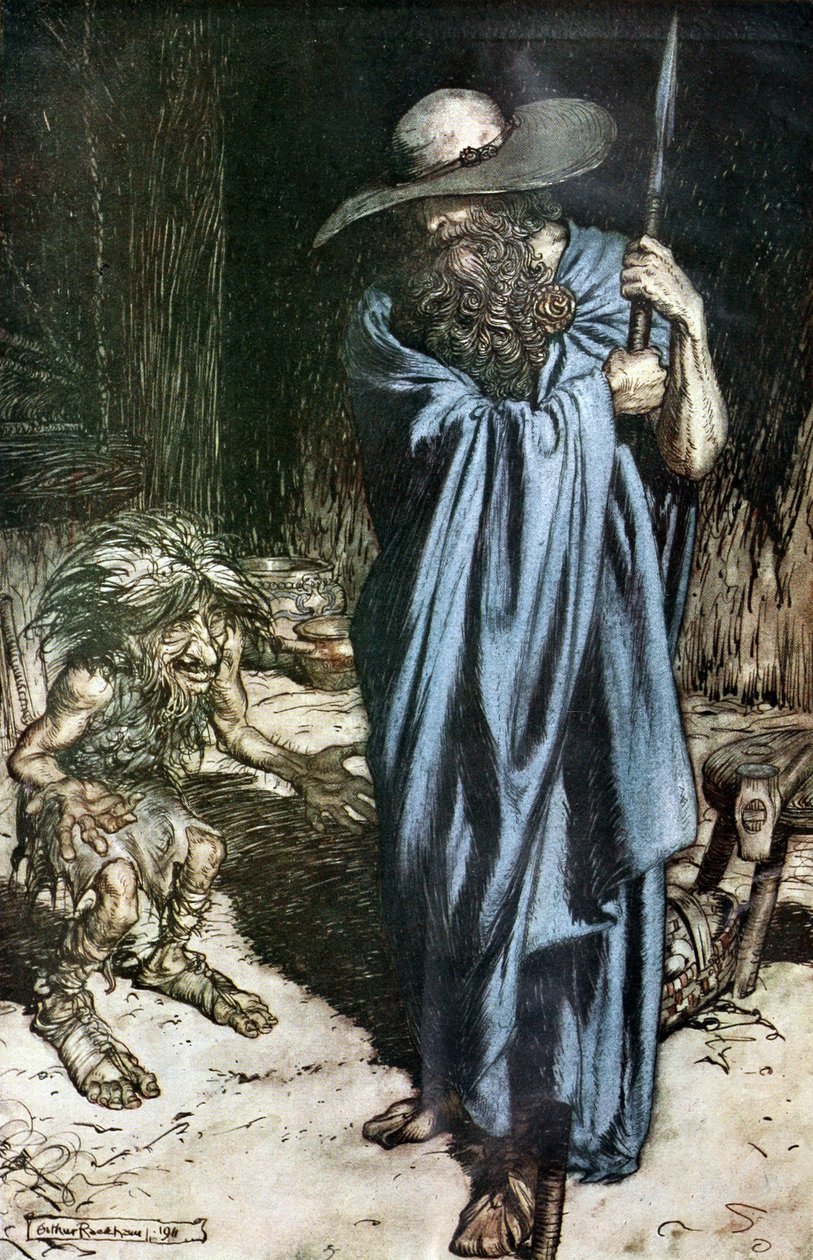 Mime a tulák. Ilustrace k Siegfriedovi a Soumraku bohů od Richarda Wagnera, od Arthur Rackham