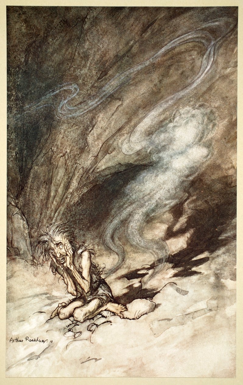 „Mime se svíjí pod řasami, které dostává“, 1910. od Arthur Rackham