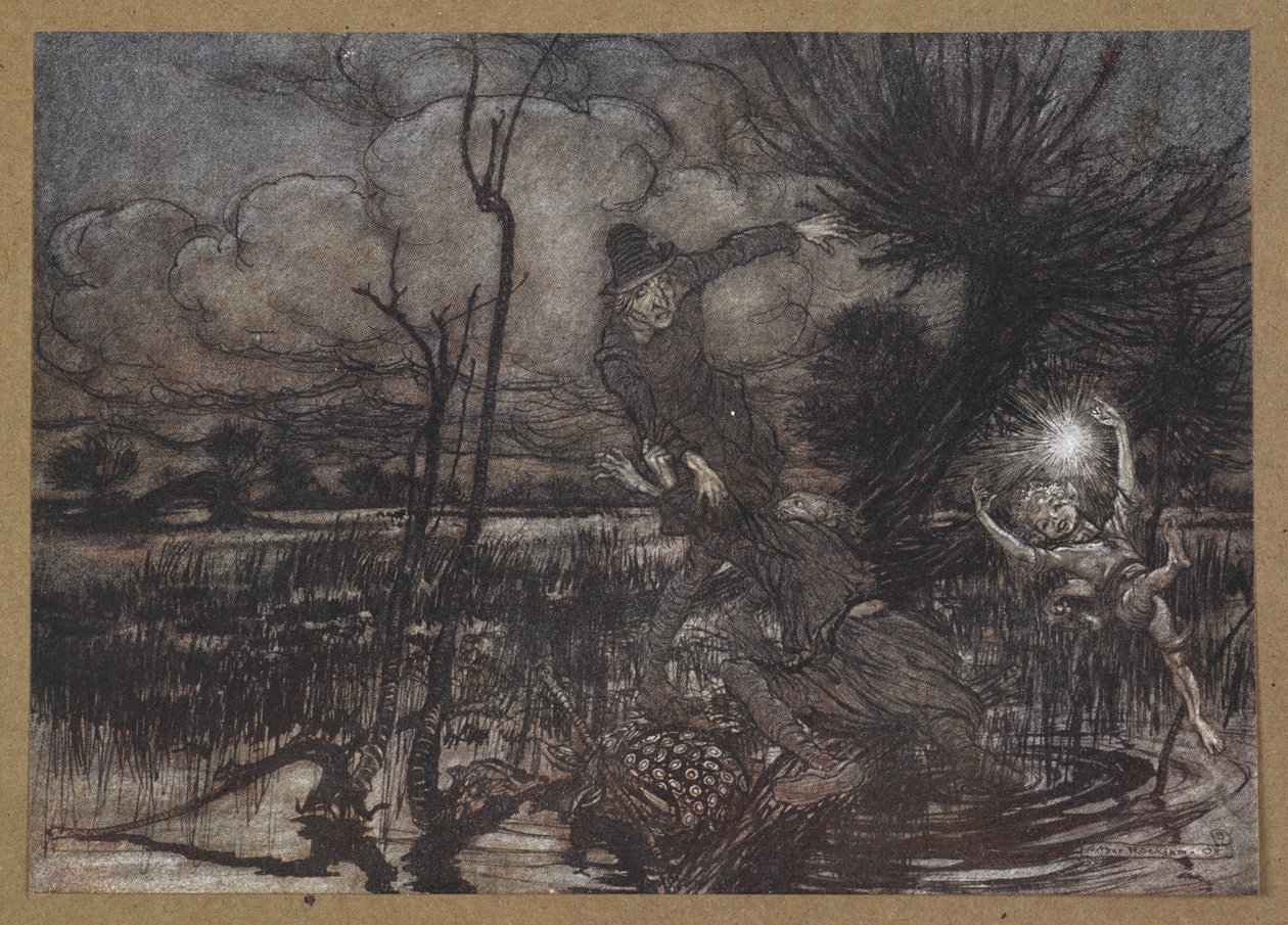 "Uvést noční tuláky v omyl, smát se jejich škodě?" Scéna ze „Snu noci svatojánské“. od Arthur Rackham
