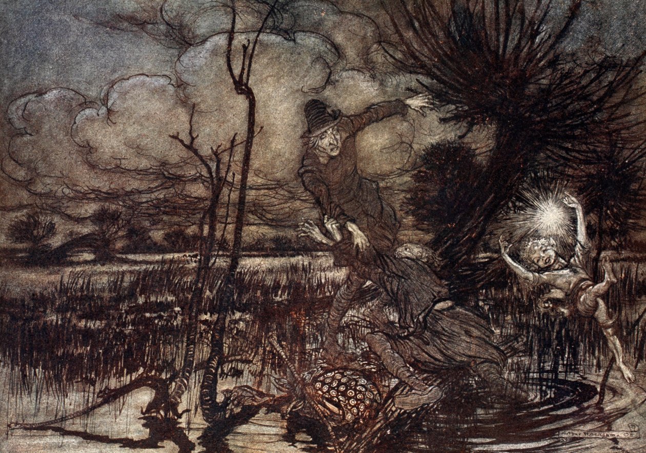 Svést noční poutníky, smát se jejich škodě, ilustrace ze „Snu nocí svatojánských“ od Williama Shakespeara, 1908 od Arthur Rackham