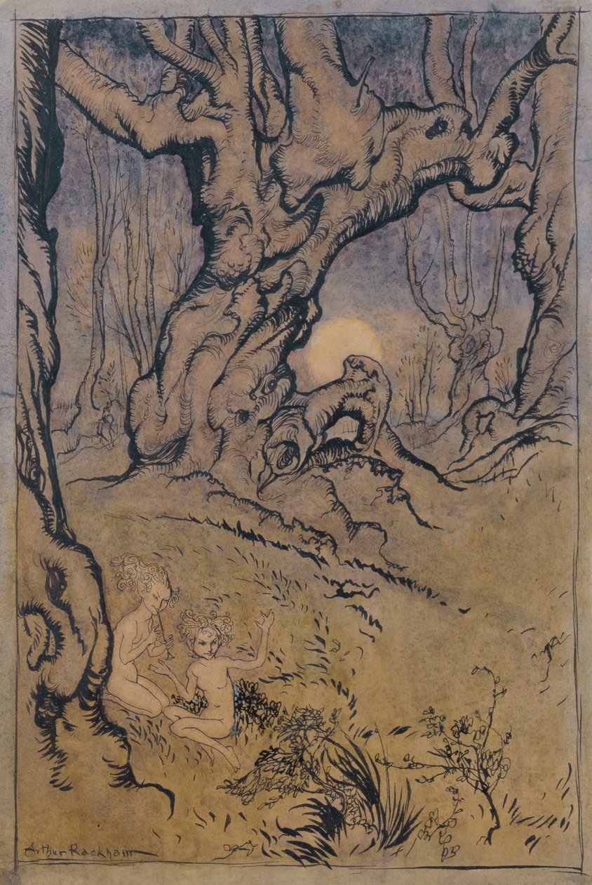 Moonlight Fairies in a Wood (pero a inkoust, wc a kvaš) od Arthur Rackham