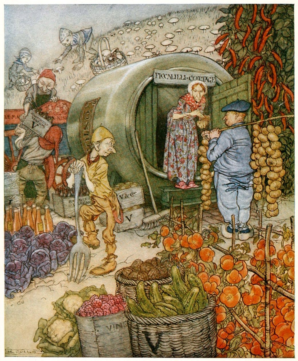 Pan a paní Vinegarovi doma, Frontispiece z anglických pohádek, hospoda. 1918 (barevná litografie) od Arthur Rackham