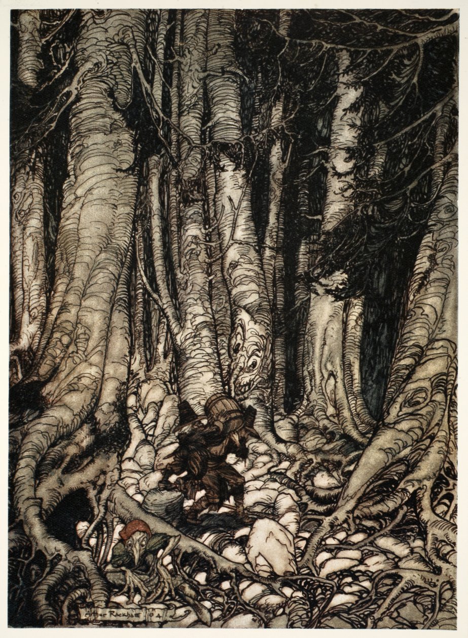 Vzájemně si ulevili a vyšplhali se úzkou roklí., z hospody Rip Van Winkle od Washingtona Irvinga. 1910 od Arthur Rackham