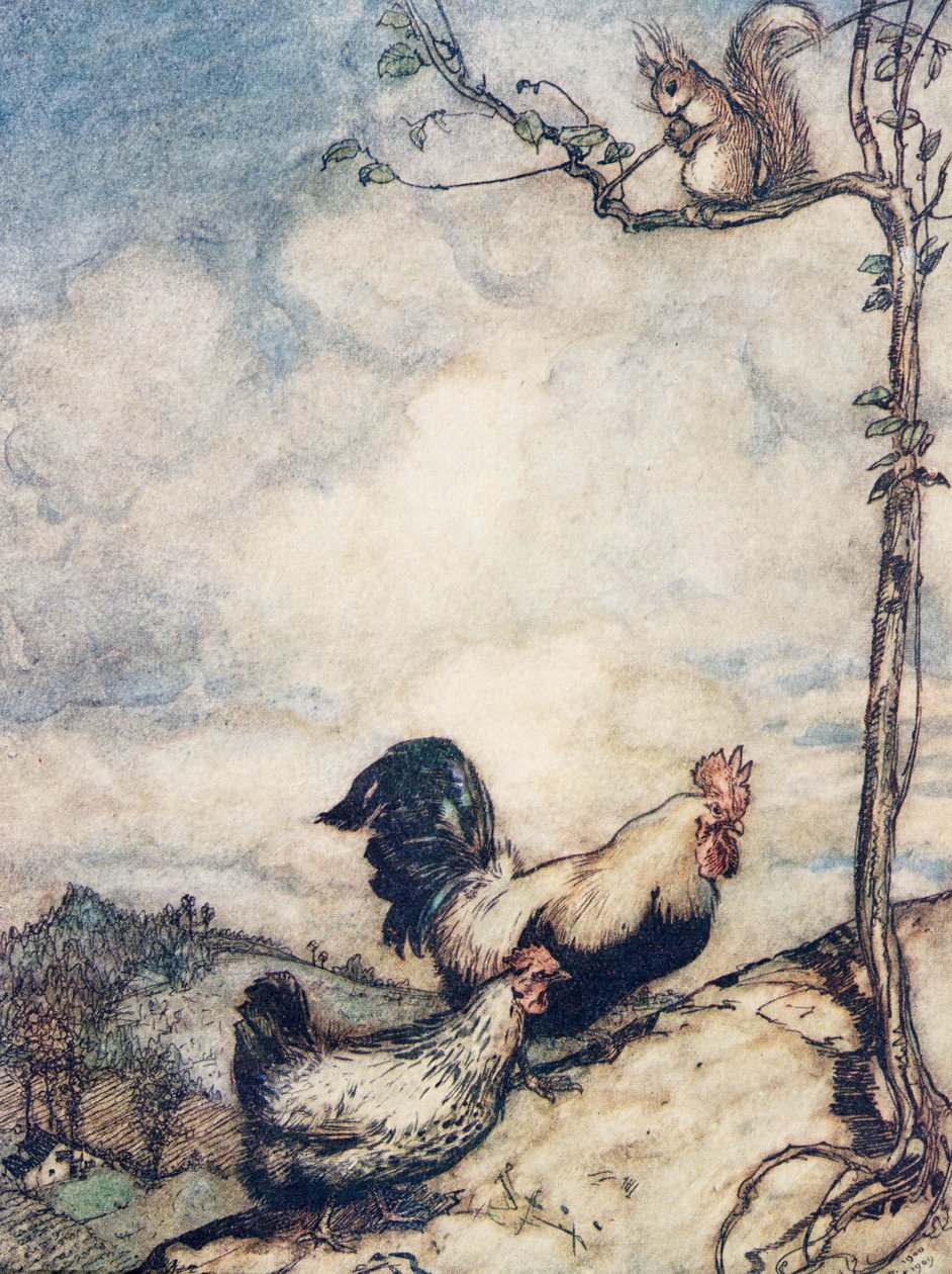 Teď půjdeme na kopec a pořádně si pochutnáme, než veverka odnese všechny oříšky .., z Pohádek bratří Grimmů, hospoda. 1909 od Arthur Rackham