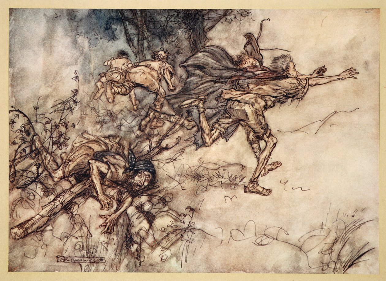 Ó monstrózní! Ó zvláštní! jsme pronásledováni. Modlete se, mistři! létat, mistři! Pomoc!, ilustrace ze „Snu nocí svatojánských“ od Williama Shakespeara, 1908 od Arthur Rackham