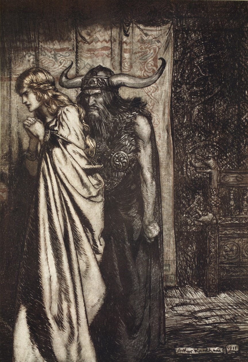 „Ó ženo zrazená, pomstím, že věří, že jsou podvedeni!“, ilustrace z „Siegfried a soumrak bohů“ od Arthur Rackham