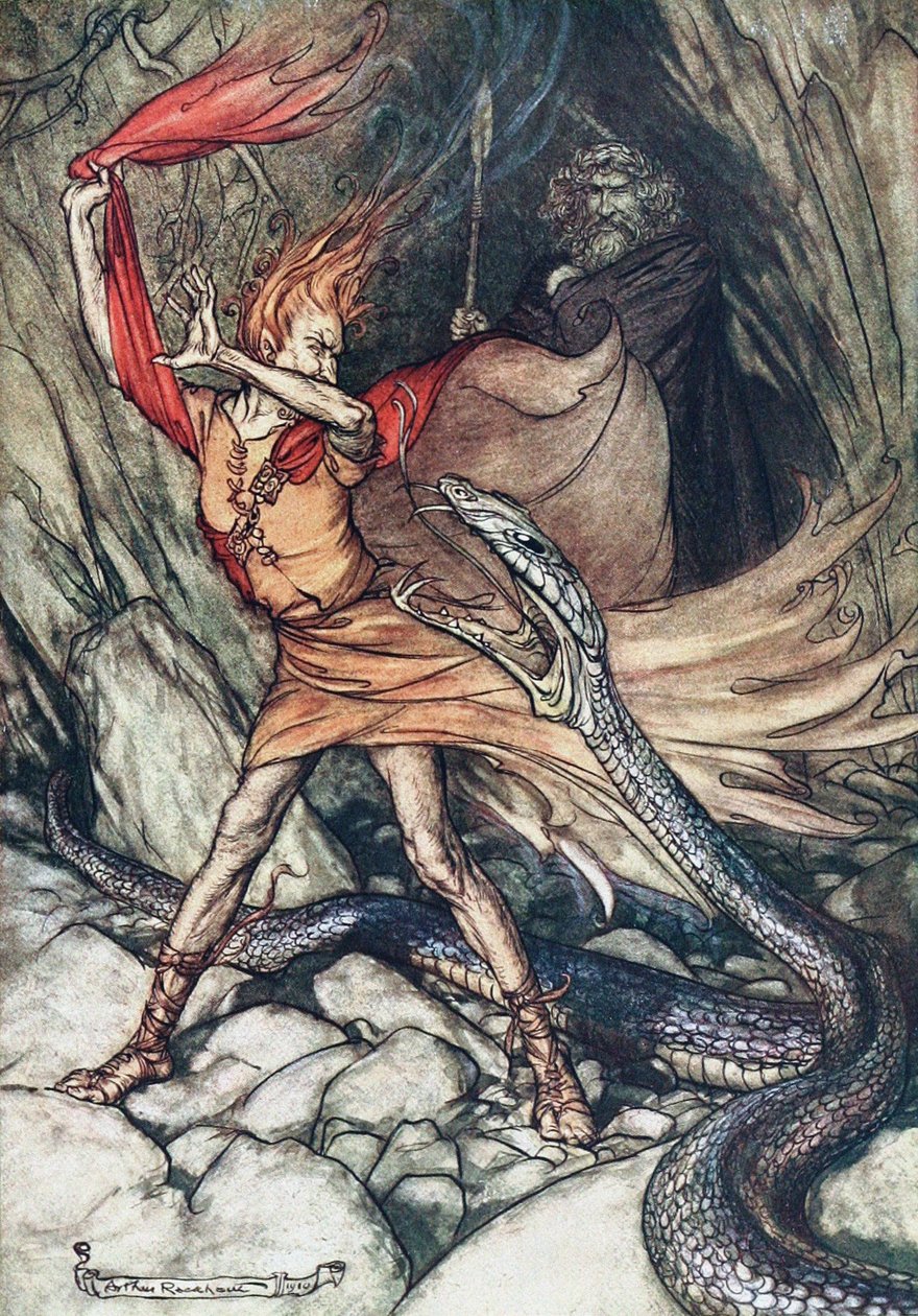Oh! Oh! Hrozný drak, oh, nepolykej mě! Ilustrace pro The Rhinegold and The Valkyrie od od Arthur Rackham