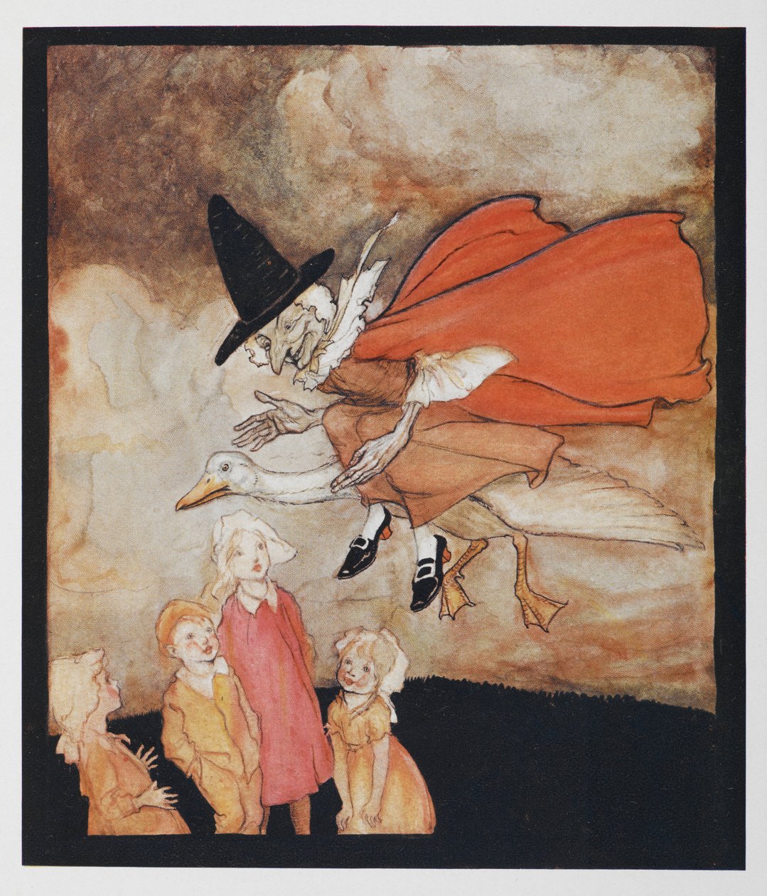 Stará matka husa, letící nad některými dětmi v červené pláštěnce a černém klobouku. od Arthur Rackham