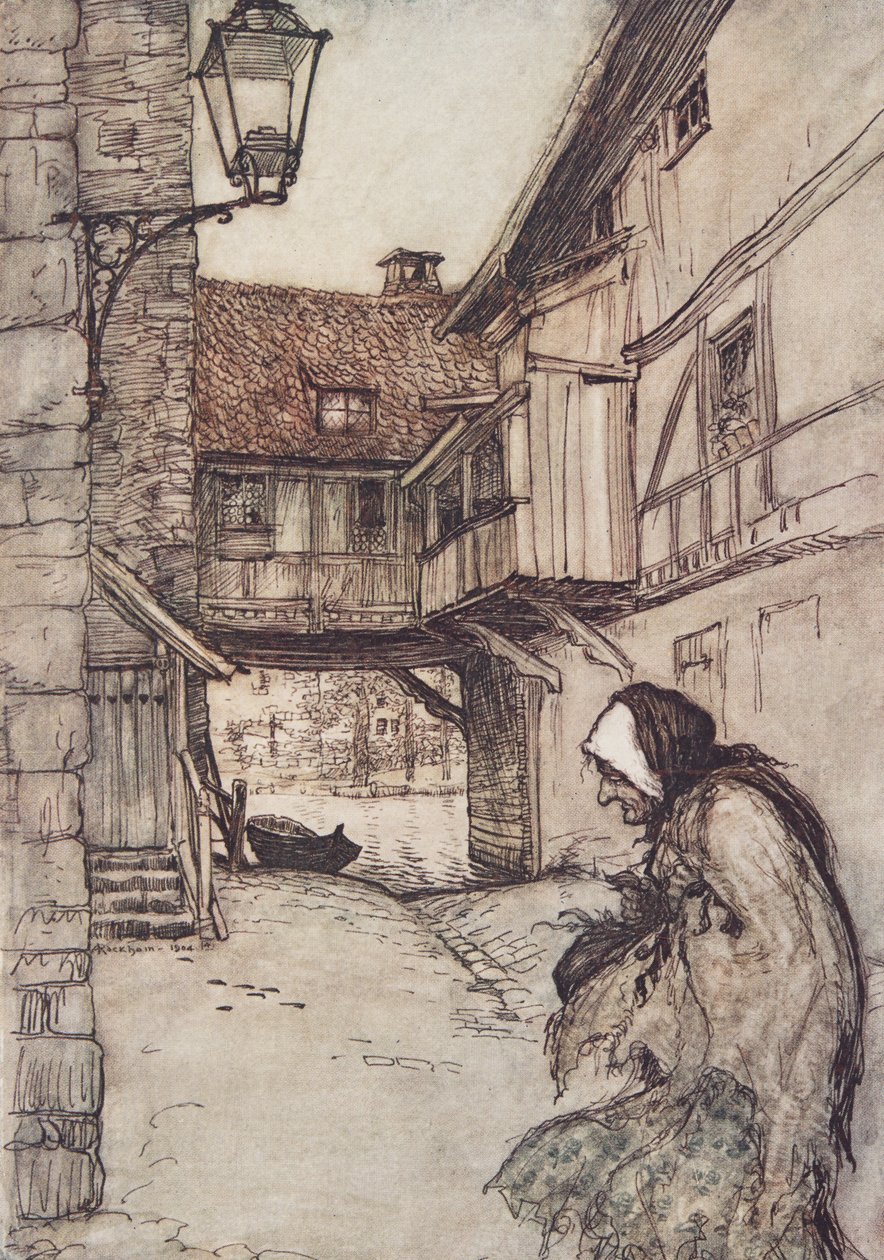 Byla jednou jedna chudá stará žena, která žila na vesnici, z hospody Pohádky bratří Grimmů. 1909 od Arthur Rackham