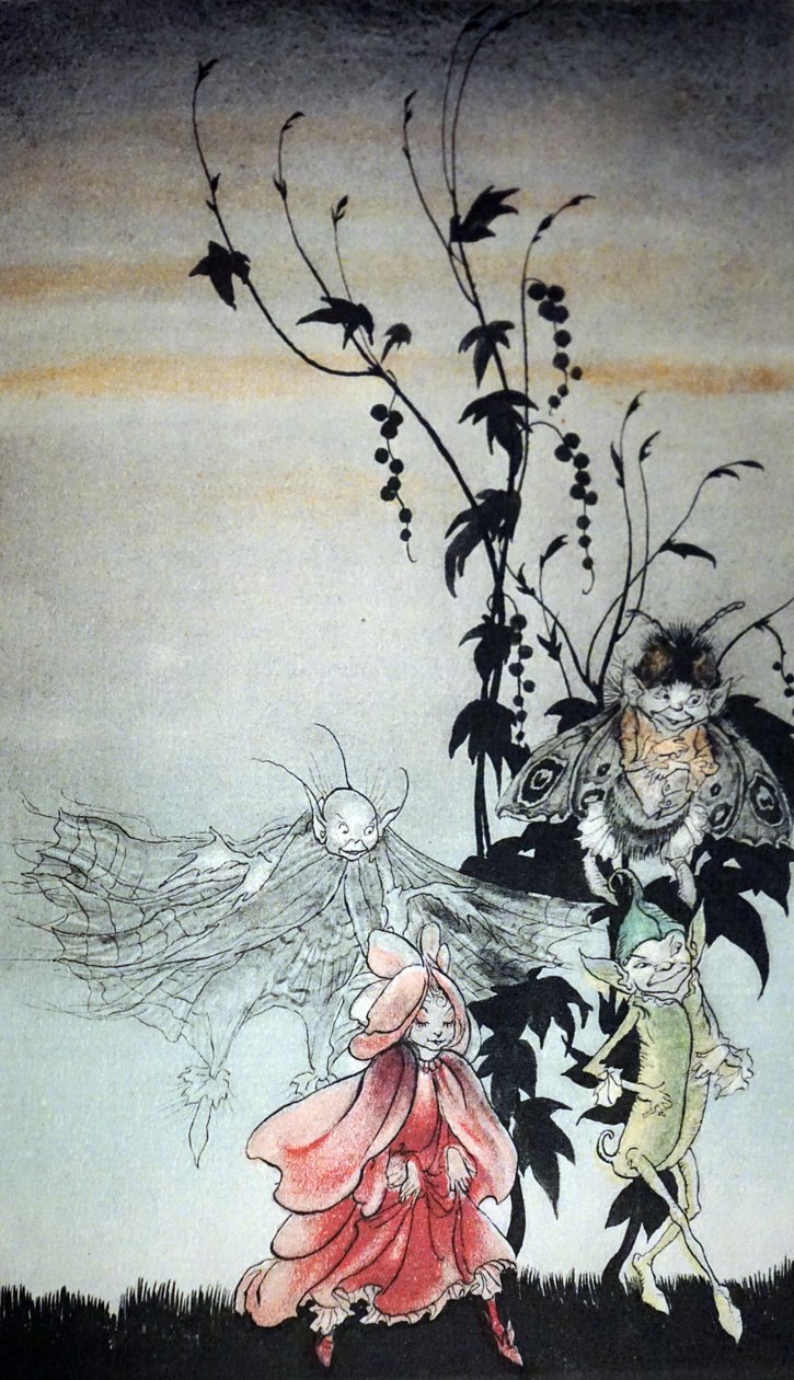 Peaseblossom, pavučina, můra, hořčičné semínko, víly, které navštěvovaly Titanii ve Snu noci svatojánské od Arthura Rackhama od Arthur Rackham