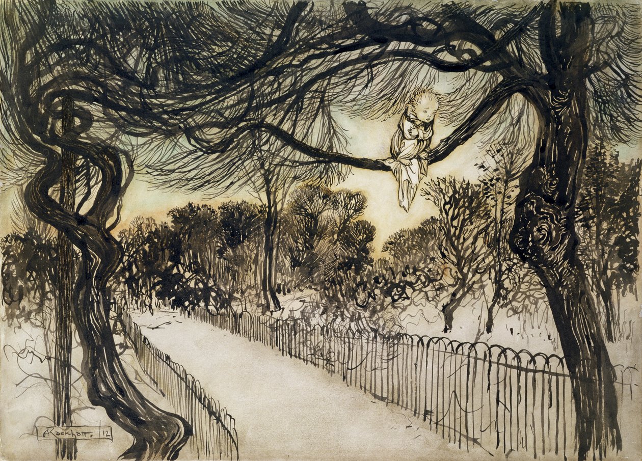 Peter Pan na větvi, scéna z Petera Pana v Kensington Gardens od J. M. Barrieho, 1912 (pero, inkoust a wc) od Arthur Rackham