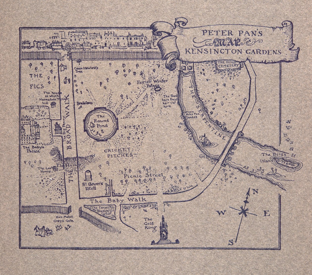 Peter Pans Mapa Kensington Gardens, od Petera Pana v Kensington Gardens od J M Barrie (1860 - 1937), pub. 1906 od Arthur Rackham