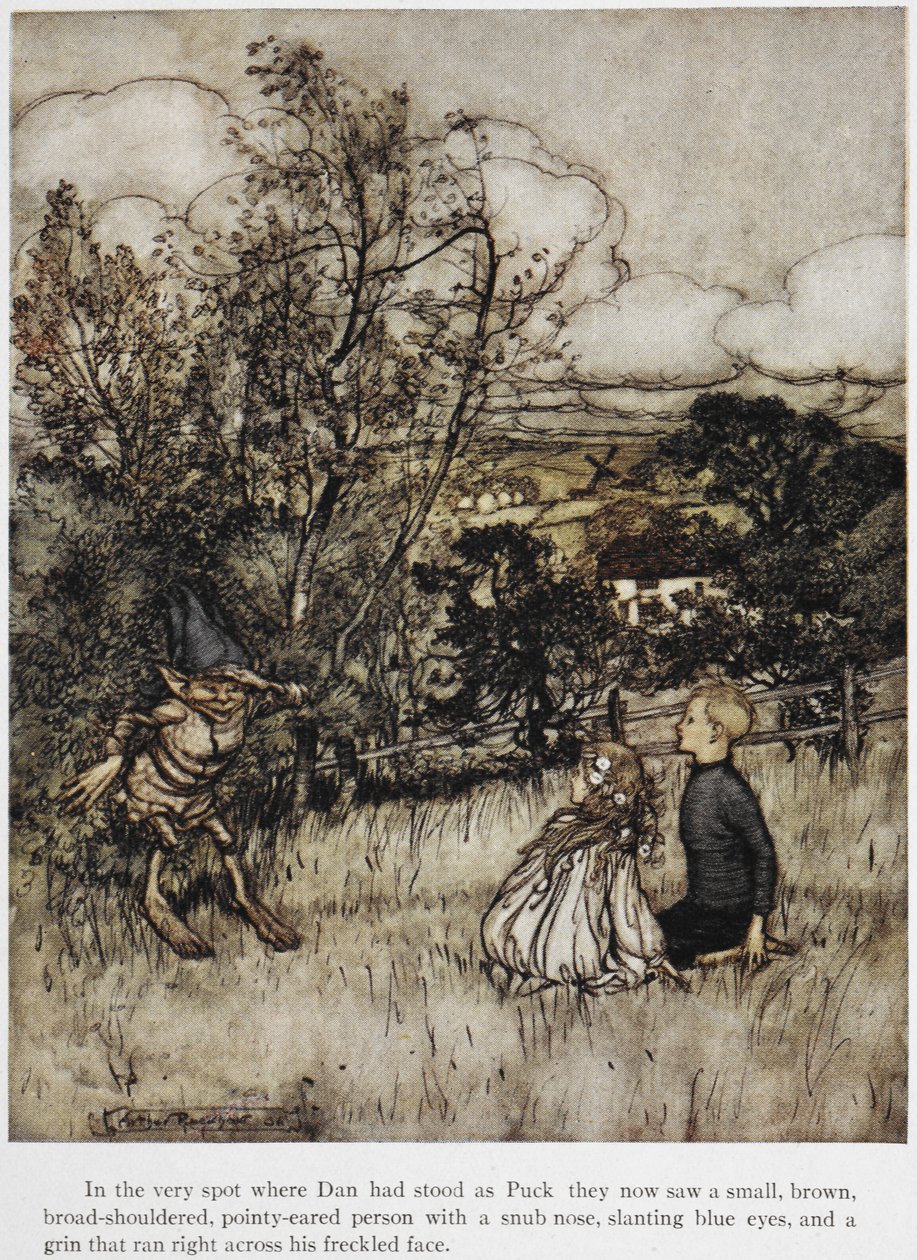 Danovi a Uně se objeví puk. Příběh zasazený do sussexských kopců. od Arthur Rackham