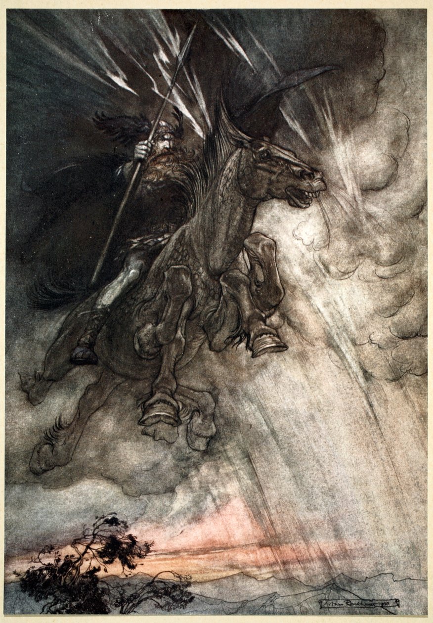 „Zuří, Wotan jede ke skále! Přichází jako bouřkový vítr!“, 1910. od Arthur Rackham