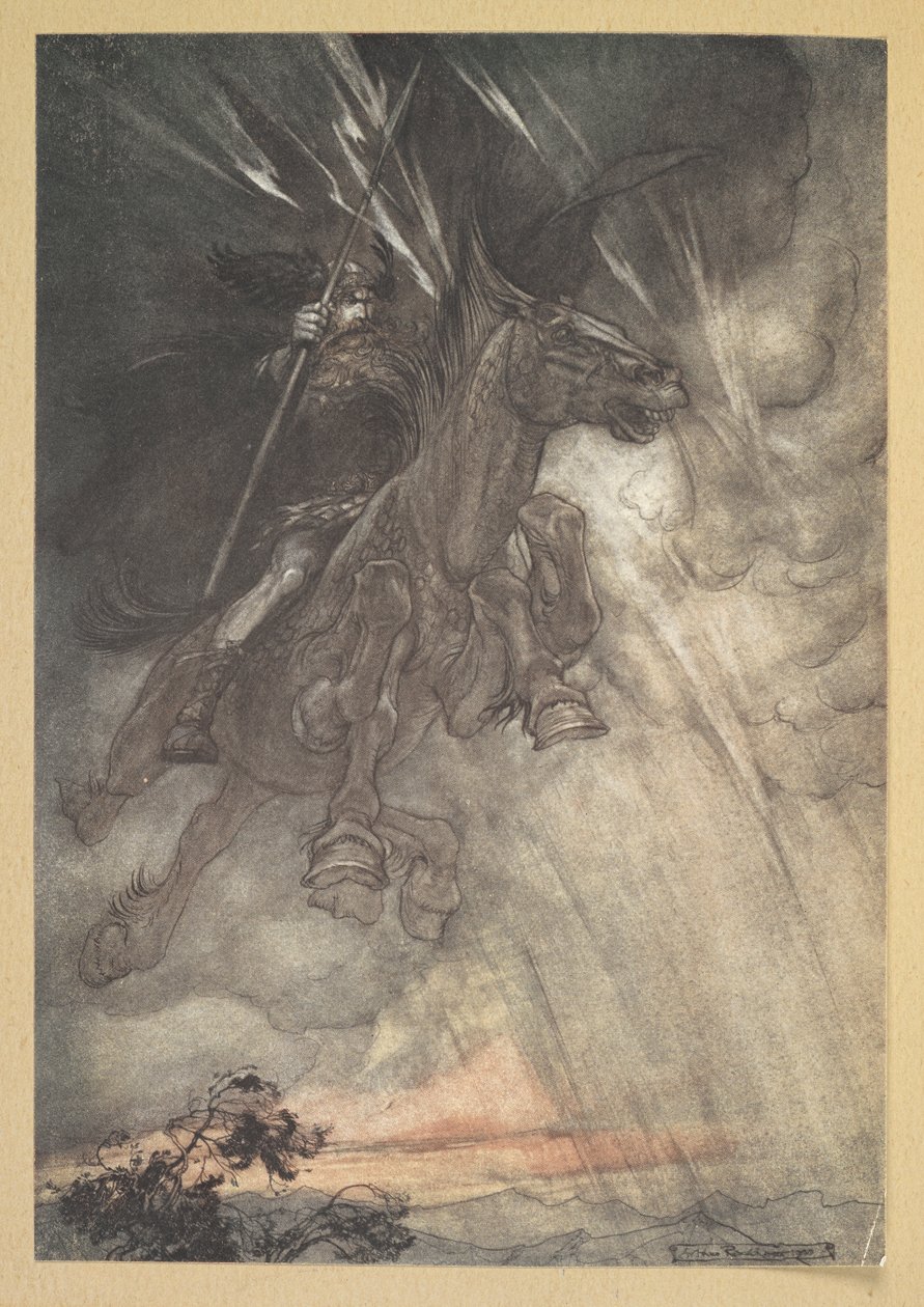 "Zuřící, Wotan jede ke Skále! Přichází jako bouřkový vítr!" od Arthur Rackham
