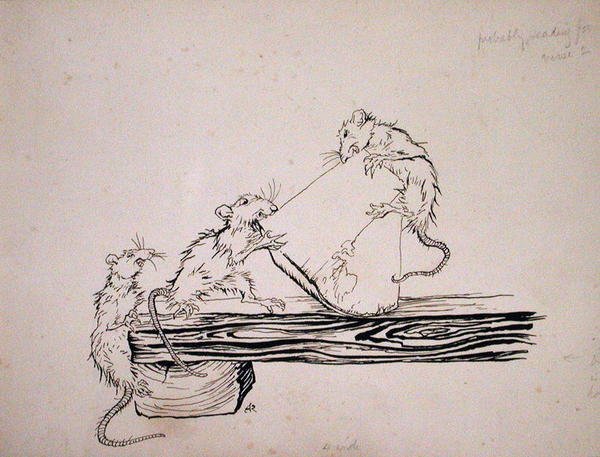 „Krysy!...vyndejte sýr z kádí!“, ilustrace z „Krysař z Hamelnu“, verze od Roberta Browninga, vydaná v roce 1934 (pero a inkoust na papíře) od Arthur Rackham