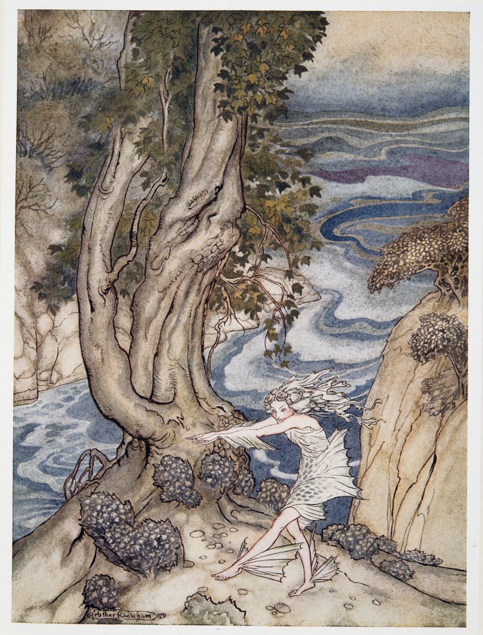 Vstupte znovu do Ariel jako vodní nymfa, ilustrace z The Bouře od Williama Shakespeara, hospoda. 1926 od Arthur Rackham
