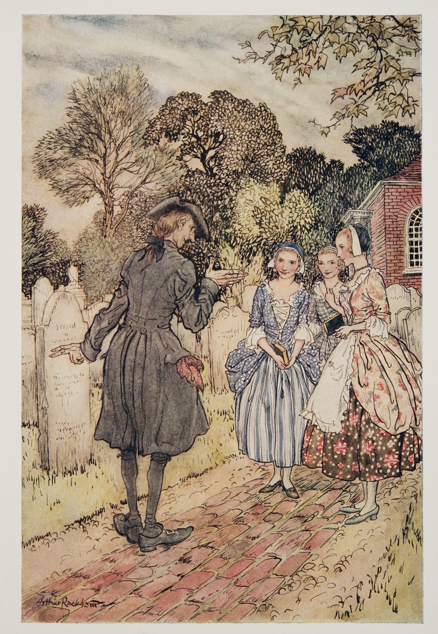 Recitují pro pobavení všechny epitafy na náhrobcích..., z Legendy o ospalé prohlubni od Washingtona Irvinga (1783 - 1859), hospoda. 1928 od Arthur Rackham
