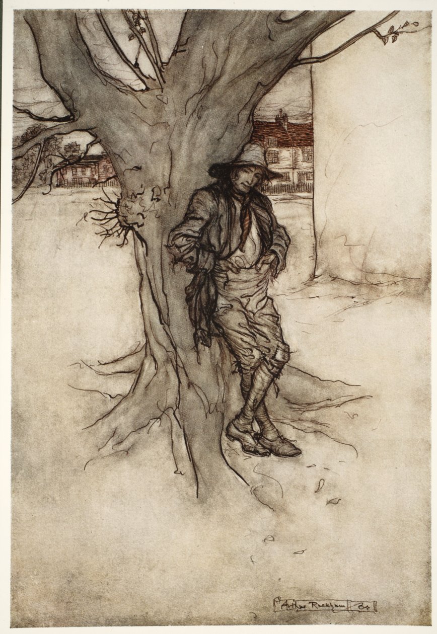 Rips syn, jeho přesný protějšek, když šel na horu., z Rip Van Winkle od Washingtona Irvinga, hospoda. 1910 od Arthur Rackham