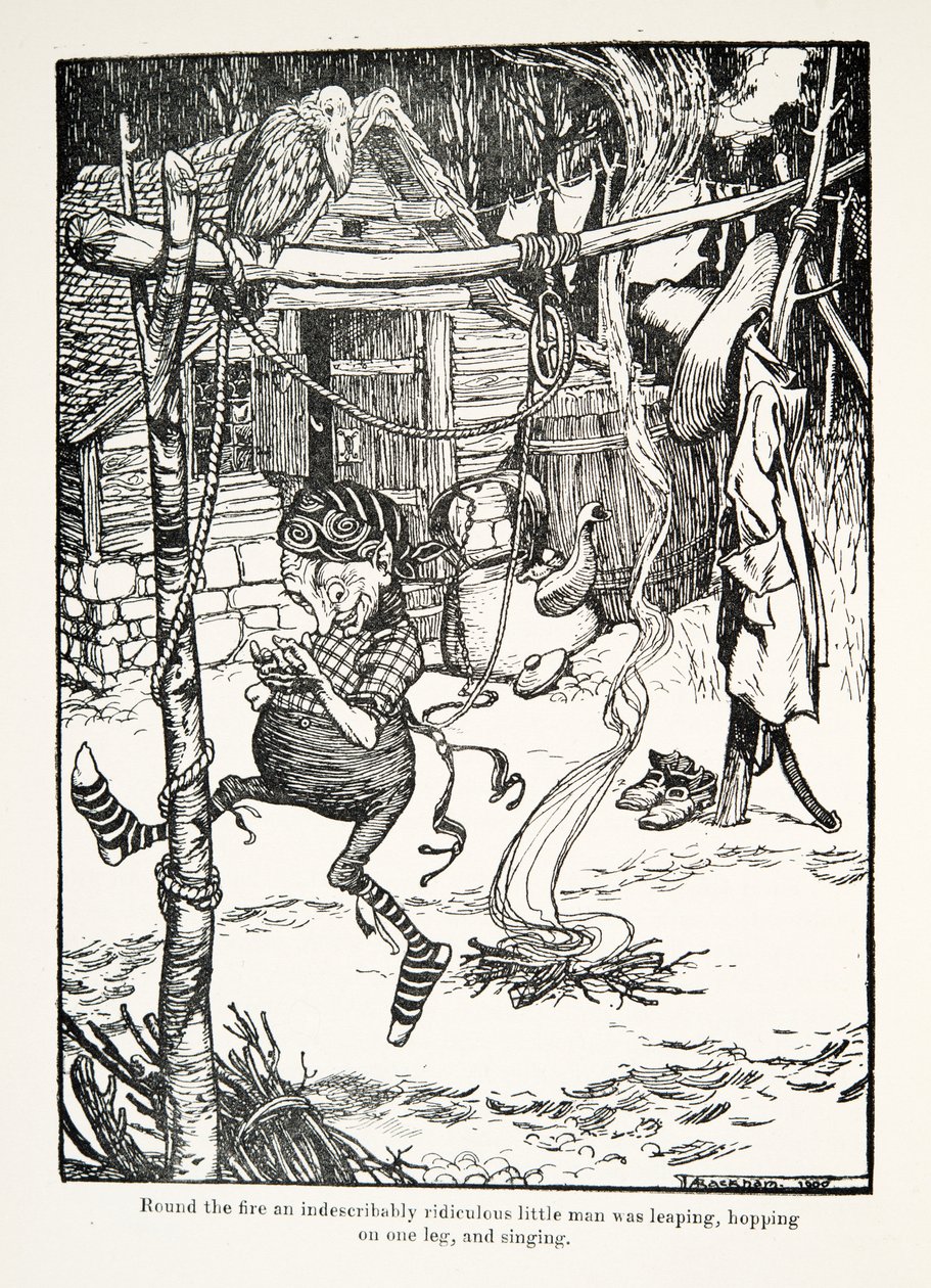 Kolem ohně skákal nepopsatelně směšný mužíček, poskakoval na jedné noze a zpíval z hospody Pohádky bratří Grimmů. 1909 od Arthur Rackham