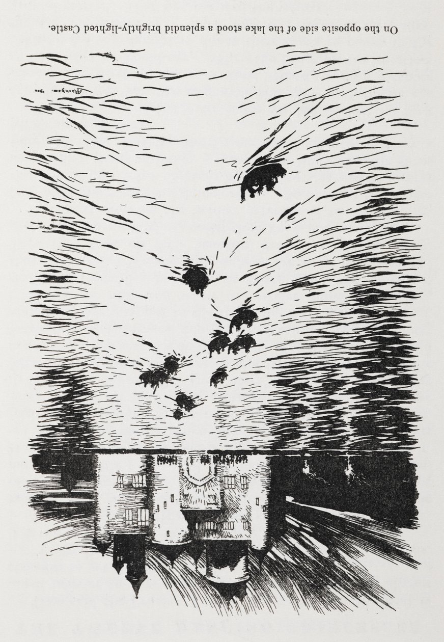 Veslování na řece, která se v noci blíží k hradu. od Arthur Rackham