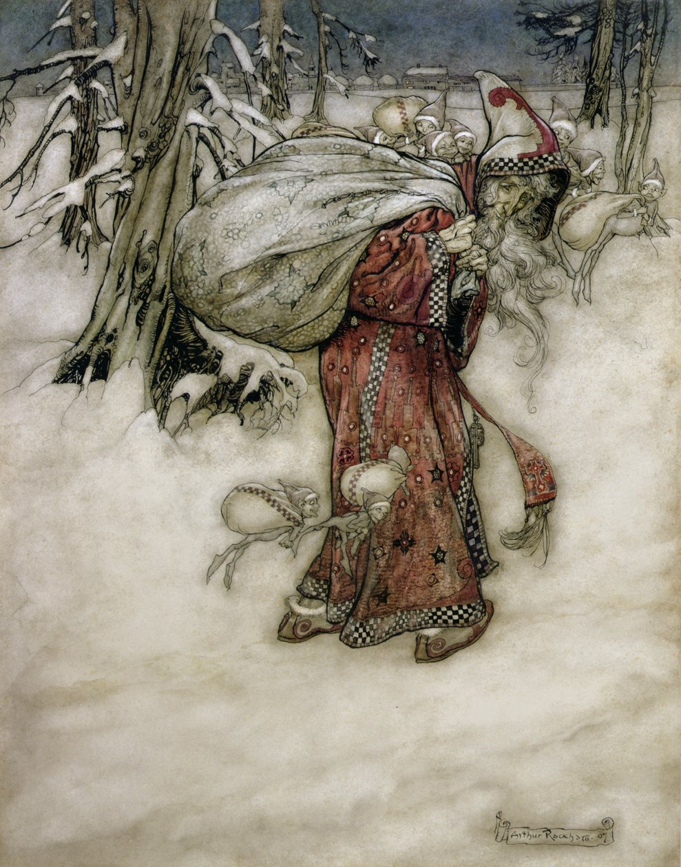 Santa Claus, ilustrace z Arthur Rackhams Book of Pictures, 1907, vydáno 1913 (pero, inkoust a wc na papíře) od Arthur Rackham