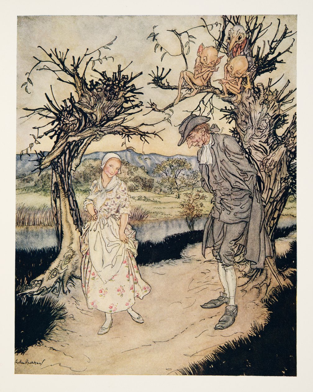 Putování za soumraku..., z Legendy o ospalé prohlubni od Washingtona Irvinga (1783 - 1859), hospoda. 1928 od Arthur Rackham