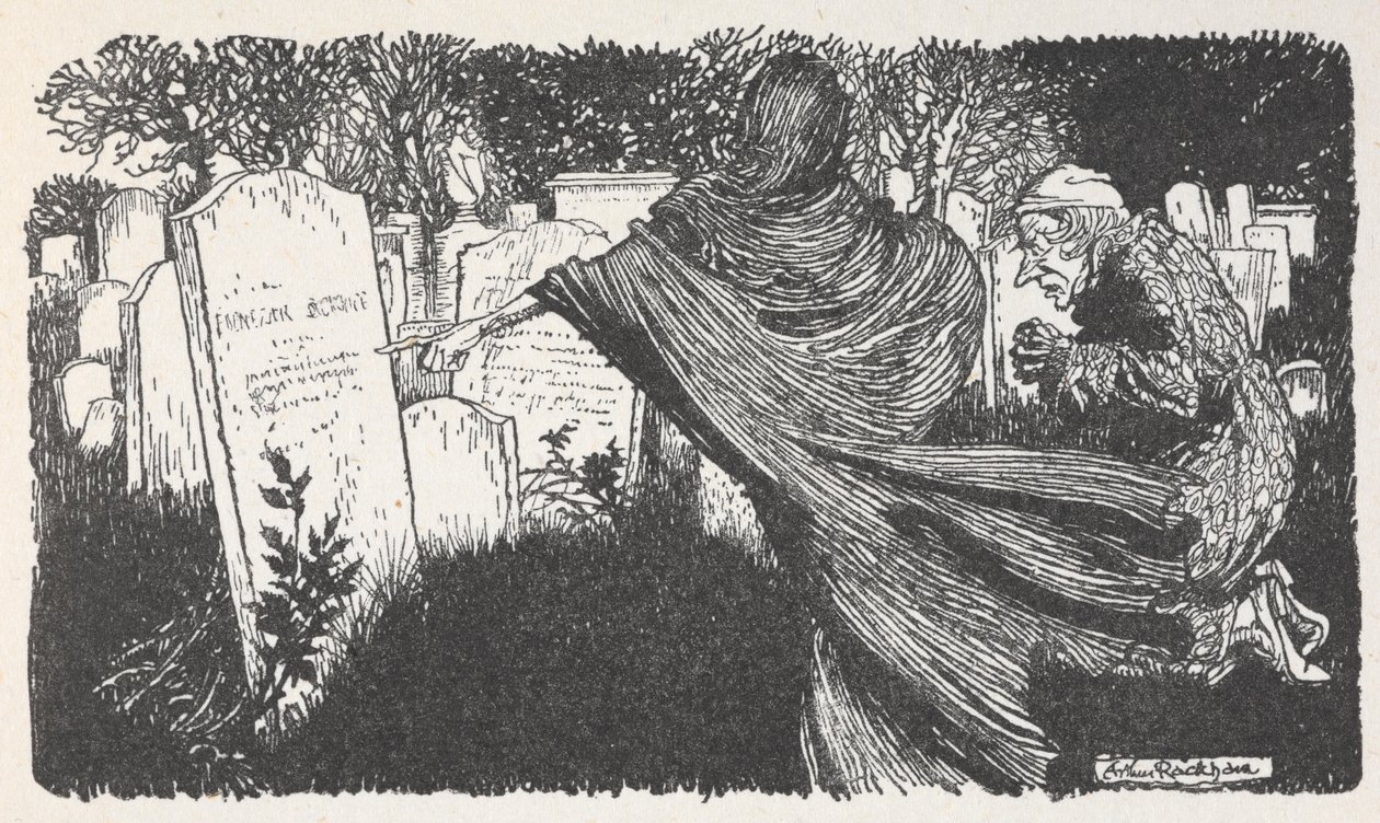 Scrooge a duch na hřbitově v noci. od Arthur Rackham