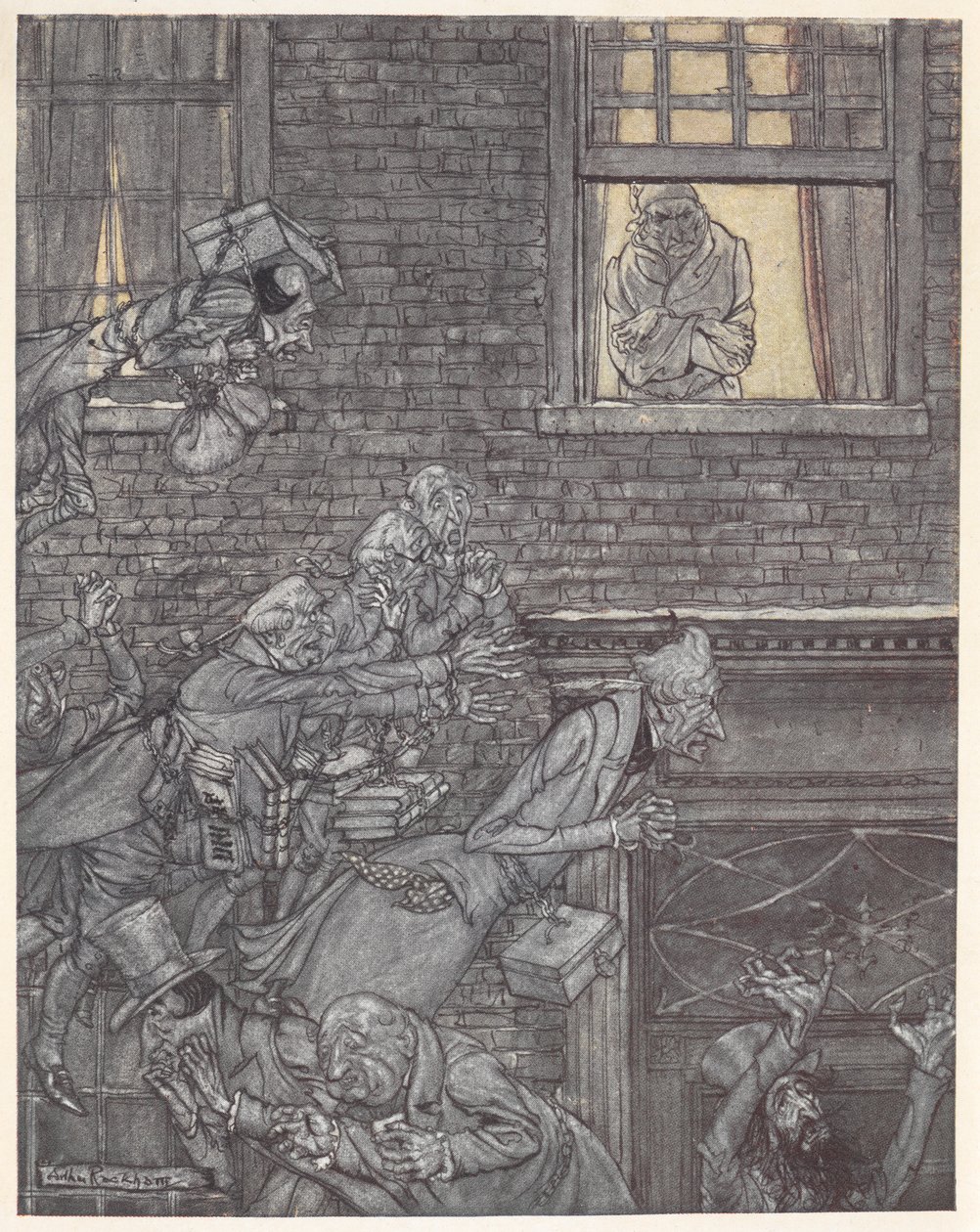 Scrooge u okna sledoval duchy na ulici pod ním od Arthur Rackham