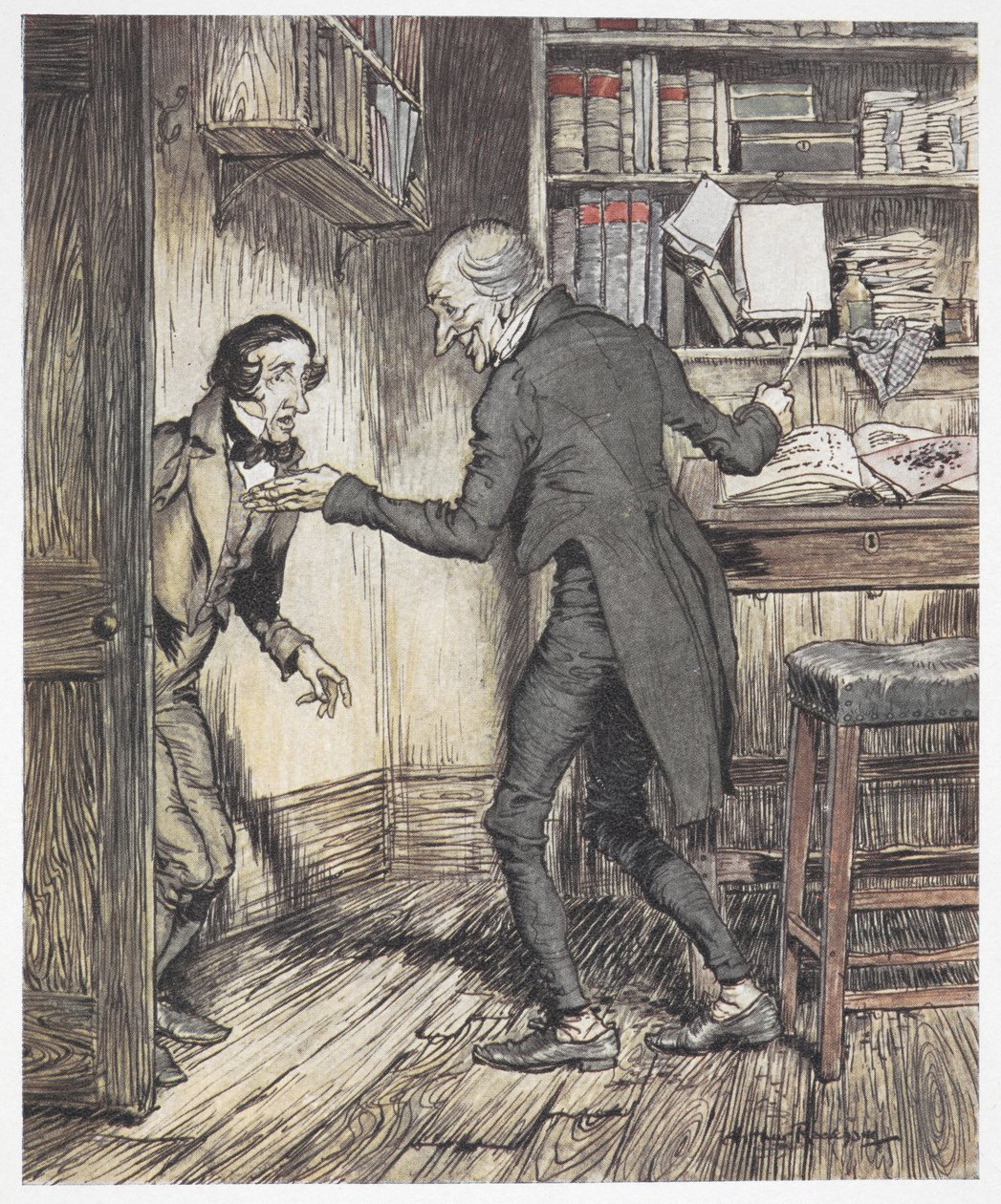 Scrooge píše ve své kanceláři, když vstoupí další muž od Arthur Rackham