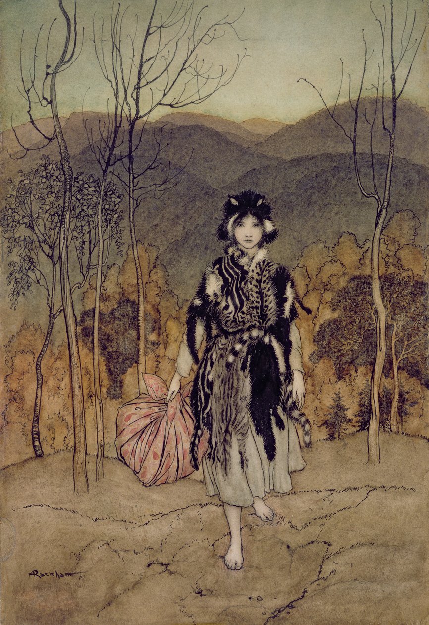 She Went Along, and Went Along, and Went Along Catskin, ilustrace z anglických pohádek, převyprávěný F.A Steelem, 1918 (pero a inkoust, wc) od Arthur Rackham