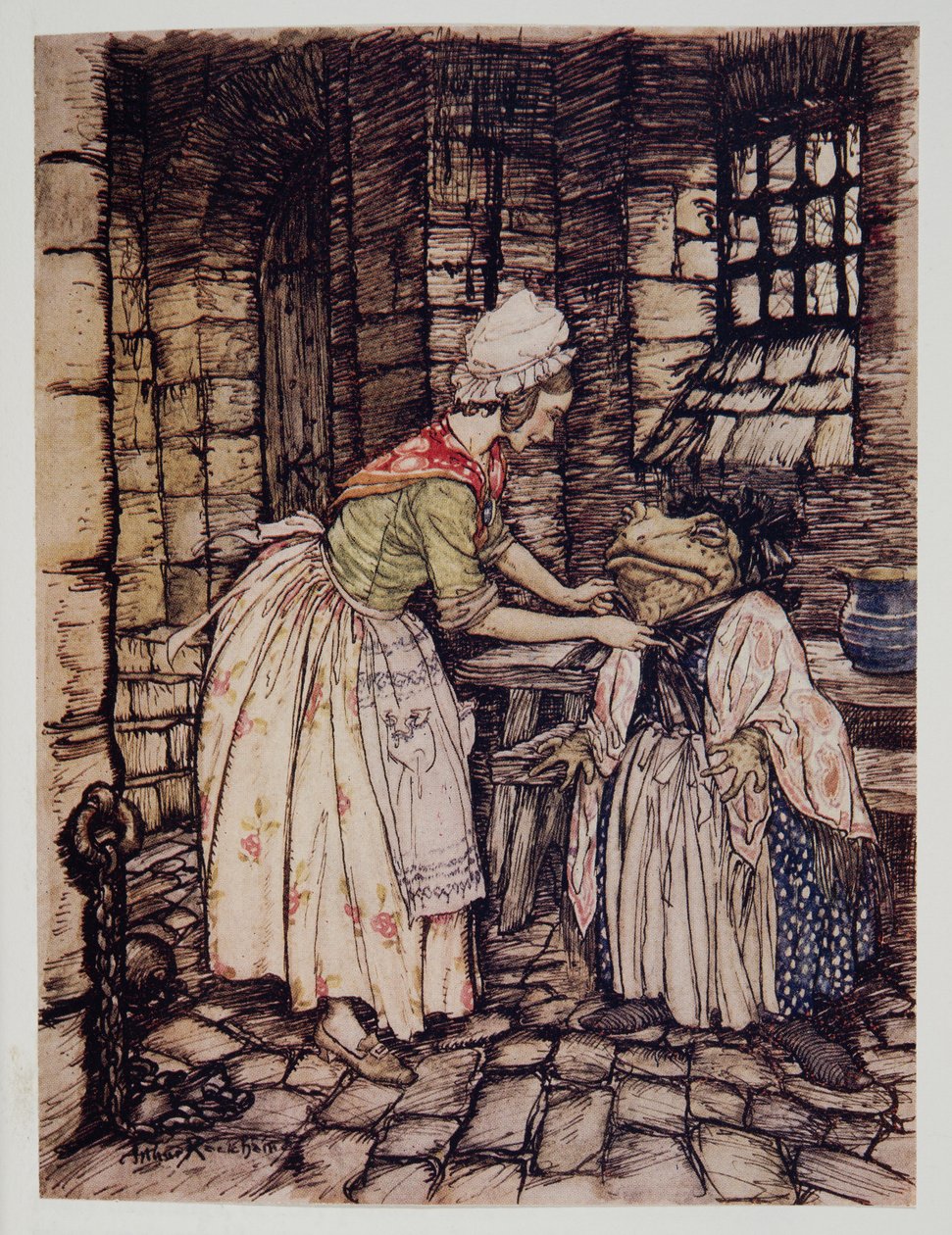 Šál upravila profesionálním záhybem a pod bradou mu uvázala provázky rezavého klobouku z Wind in the Willows od Kennetha Grahama (1859 - 1932), hospoda. 1940 od Arthur Rackham