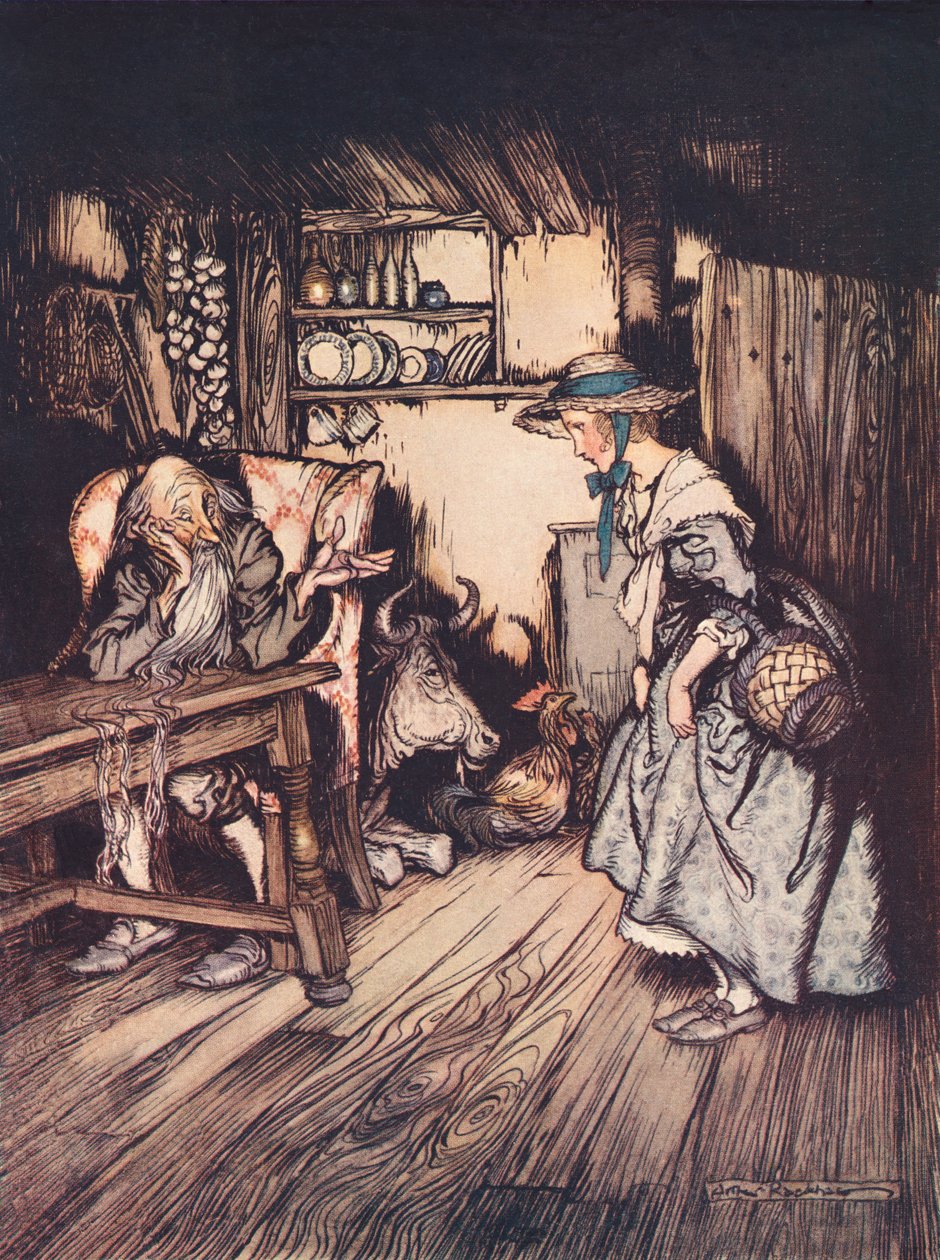 Docela pěkně prosila, aby tam mohla strávit noc. Ilustrace Arthura Rackhama z Grimmovy pohádky Chata v lese, vydané koncem 19. století. od Arthur Rackham