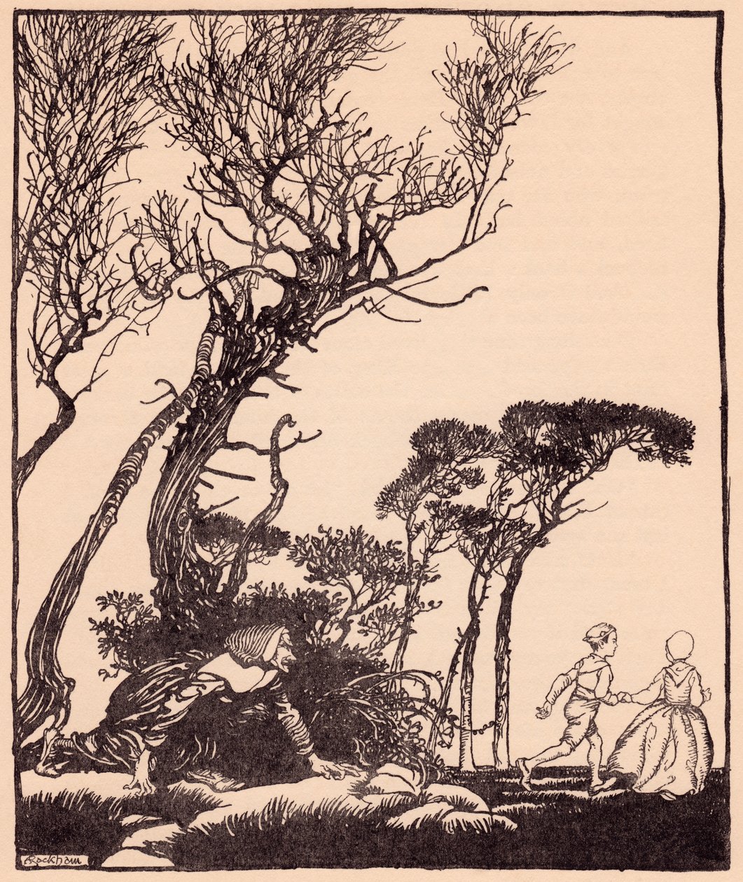 Plížila se za nimi tajně, jak se čarodějnice plíží. Ilustrace Arthura Rackhama z Grimmovy pohádky Bratr a sestřička. od Arthur Rackham