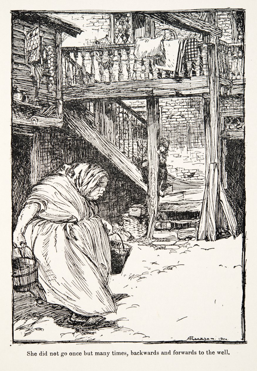 Z hospody Pohádky bratří Grimmů nešla jednou, ale mnohokrát, tam a zpět ke studni. 1909 od Arthur Rackham